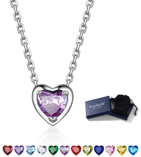 Silver Necklace 925 Sterling Silver Birthstone Love Heart Necklace Mother'S Day Gift