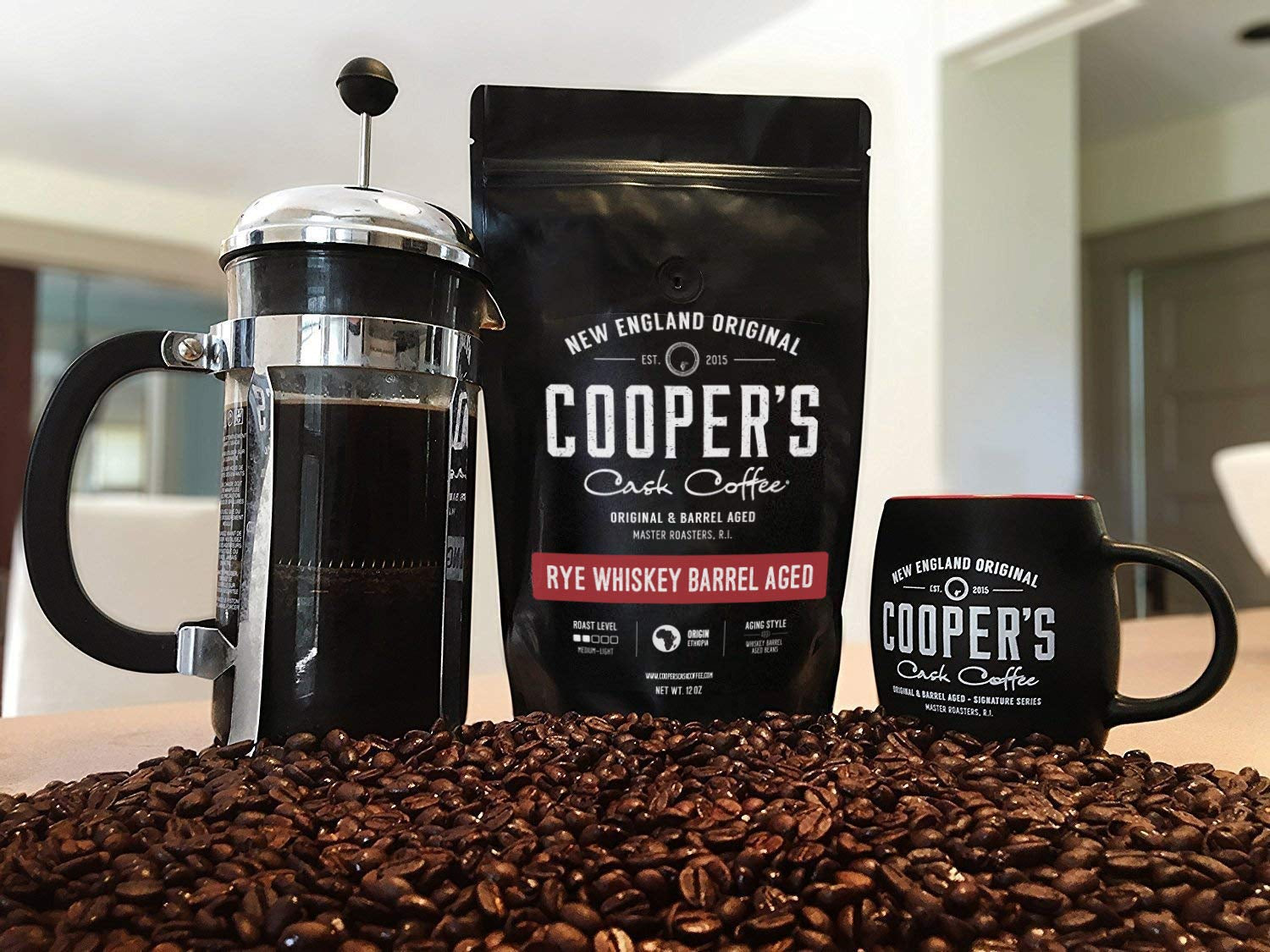 Rye Whiskey Barrel Aged Coffee, Single Origin Ethiopian Coffee Raw Beans Aged in Rye Whiskey Casks, Freshly Roasted 12 Oz Bags, Ground