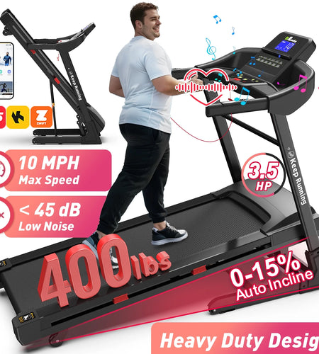 400Lb Capacity 3.5 HP Treadmill with 15% Auto Incline for Home - Heavy Duty Foldable Treadmill with App/Bluetooth - 18 Inch Wide Belt Folding Treadmill