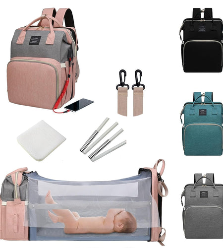Diaper Bag Backpack with Changing Station,7 in 1 Travel Foldable Baby Diaper Bag,Mommy Bag Diaper Bag Changing Station Multi-Function Waterproof with Mattress and USB Charging Port (Pink-Grey)