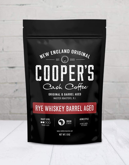 Load image into Gallery viewer, Rye Whiskey Barrel Aged Coffee, Single Origin Ethiopian Coffee Raw Beans Aged in Rye Whiskey Casks, Freshly Roasted 12 Oz Bags, Ground
